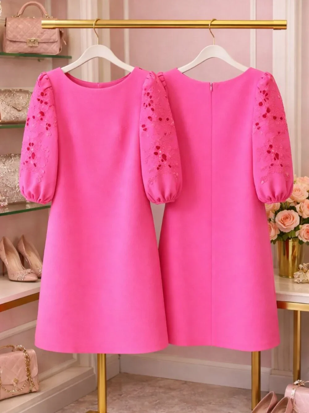 Hot Pink Statement Mini Dress Vince Camuto Eyelet Sleeve NWT - Picture 11 of 11